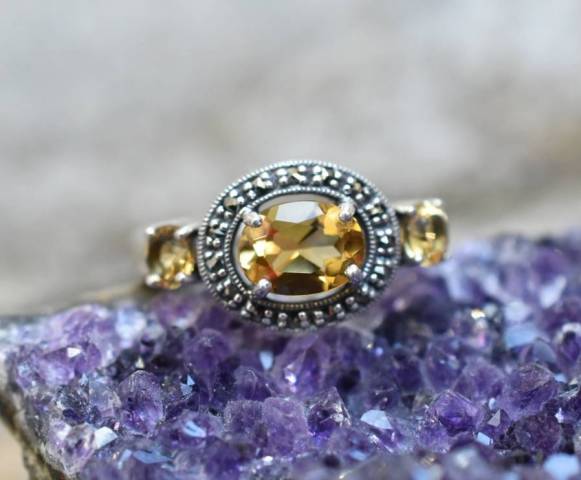 Bague Citrine et Marcassite sur argent 925
