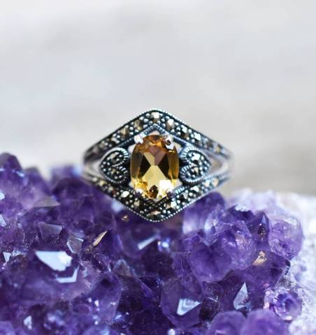 Bague Citrine et Marcassite sur argent 925