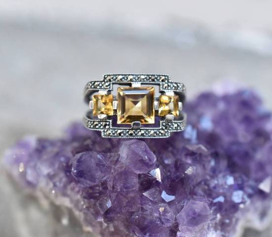 Bague Citrine et Marcassite sur argent 925