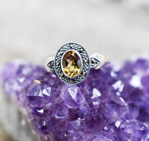 Bague Citrine et Marcassite sur argent 925
